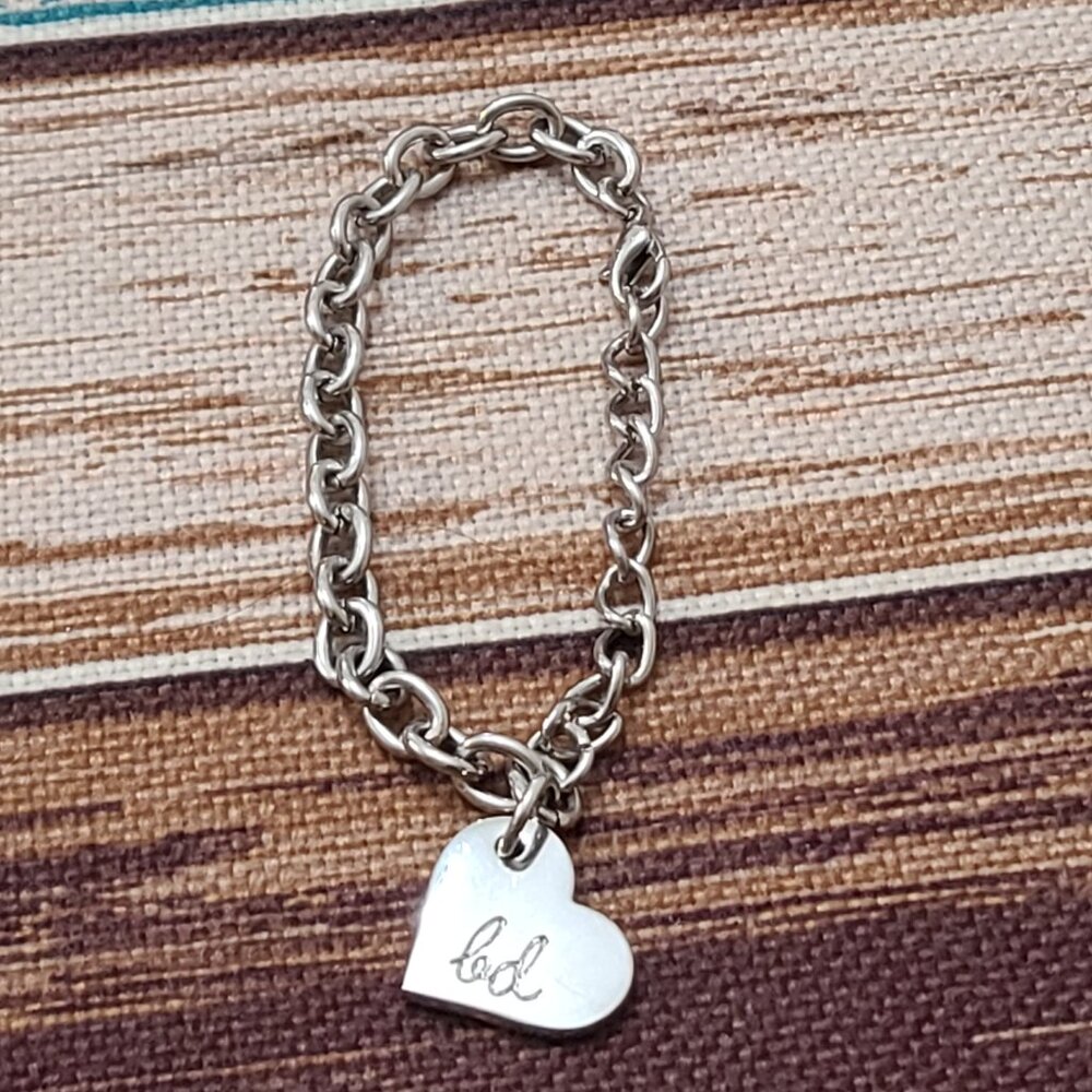 Engraved Initials Heart Pendant Silver Tone Chain Bracelet